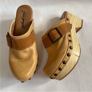 Free People Tan Leather Clogs with Wood Platform